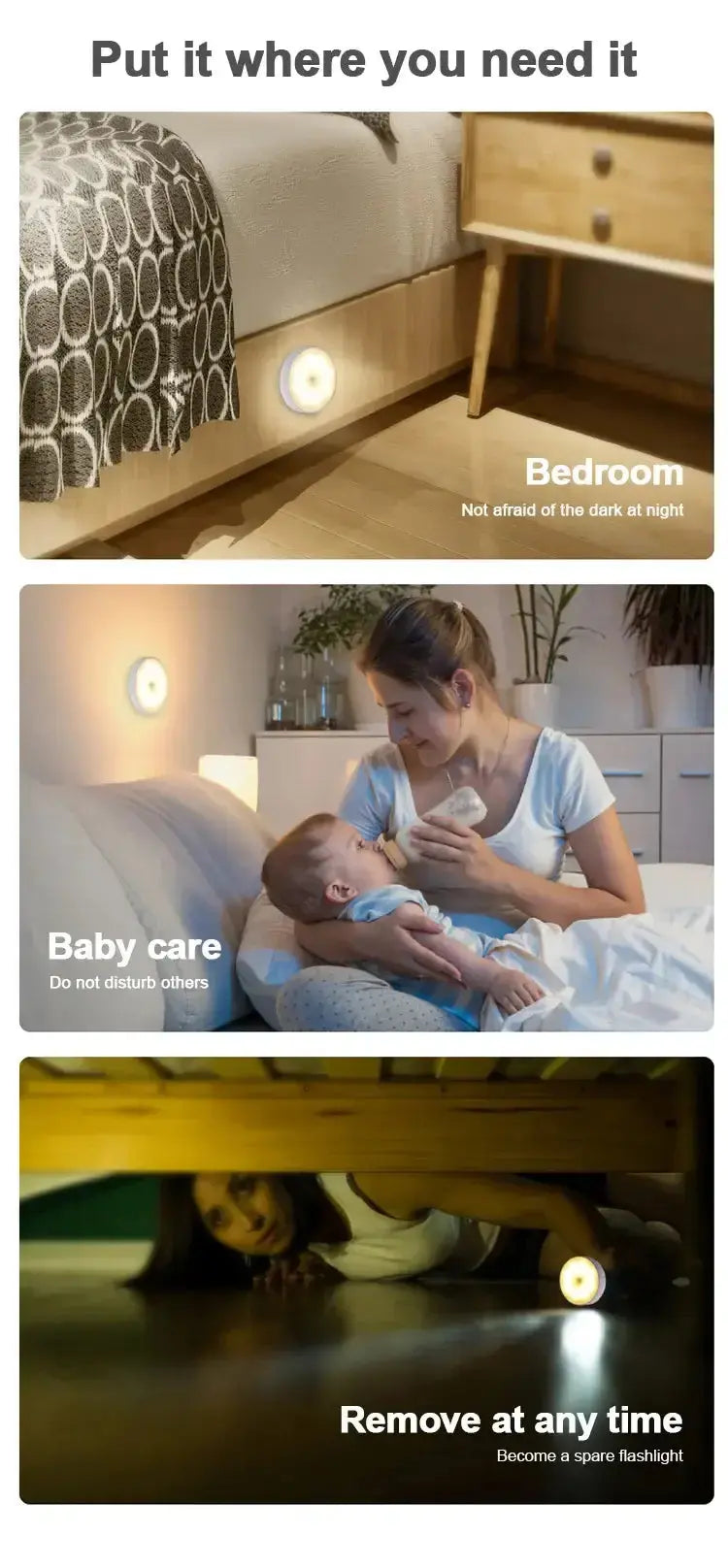 LED night light usage in bedroom and baby care, showing versatility and motion sensor features.