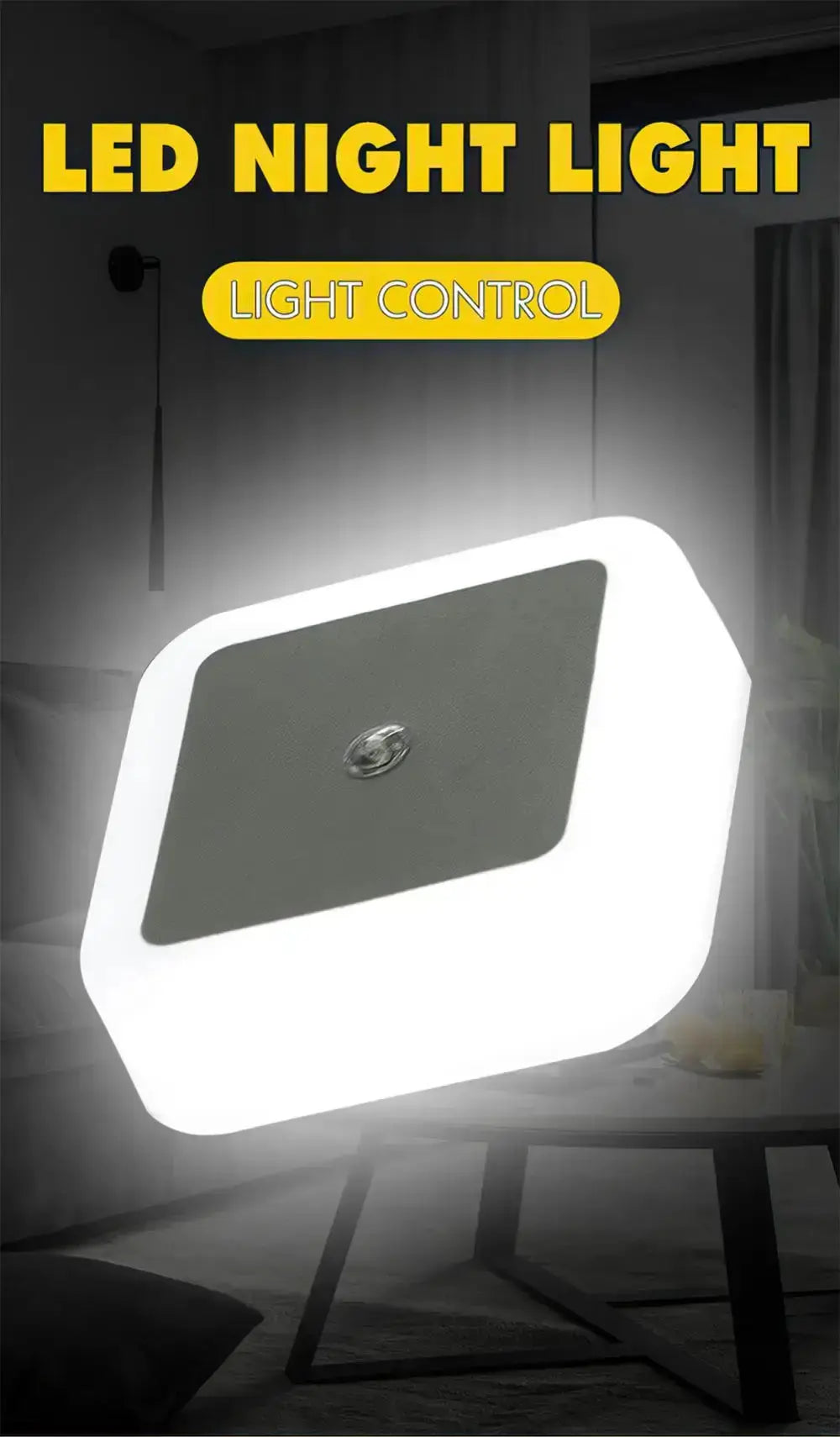 LED night light with light control, ideal for bedrooms and hallways, featuring a sleek design and soft illumination.