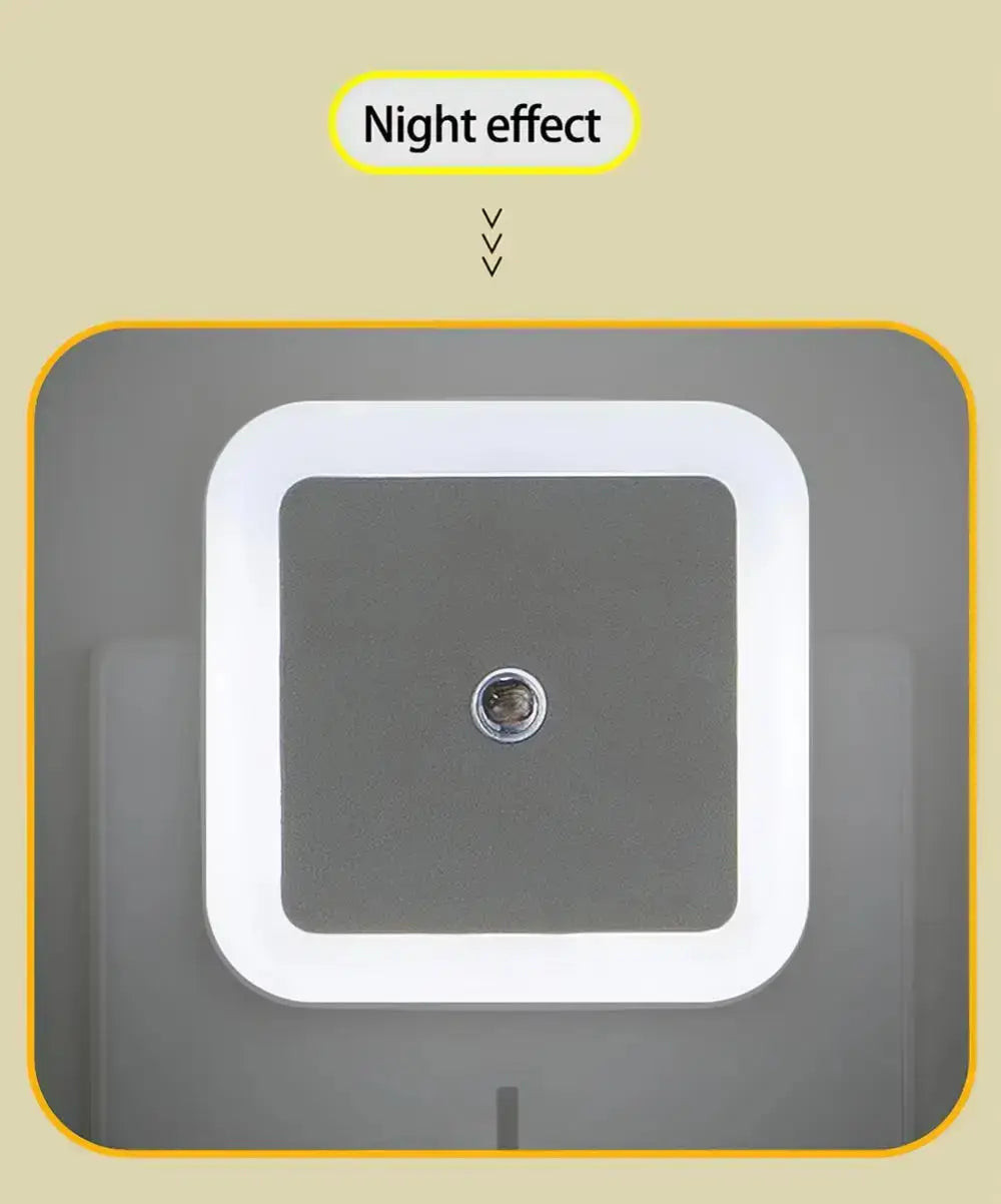LED night light in soft glow, showcasing square design with motion sensor, ideal for hallways and bedrooms.