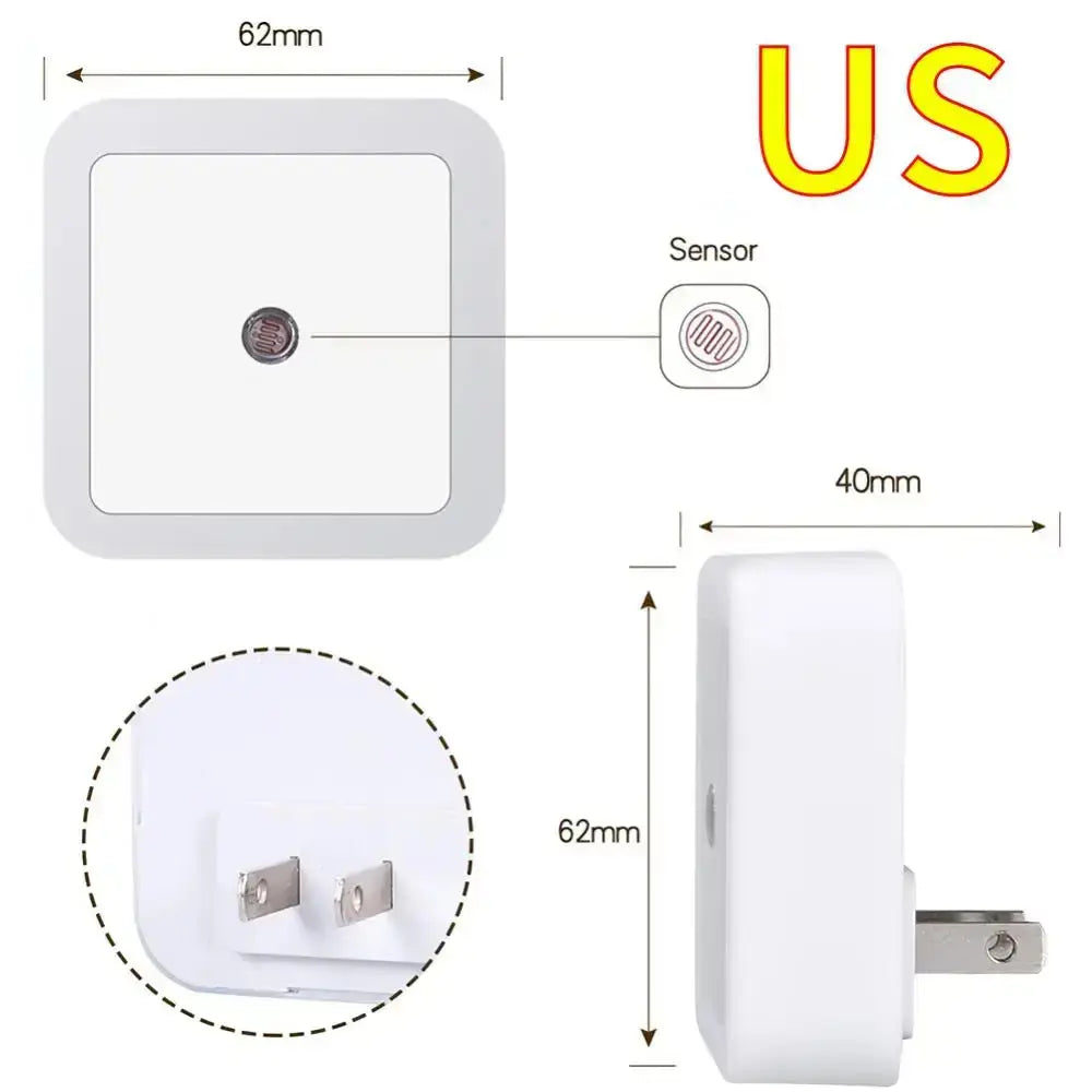 LED night light with motion sensor, US plug, compact design for easy use in bedrooms and hallways.