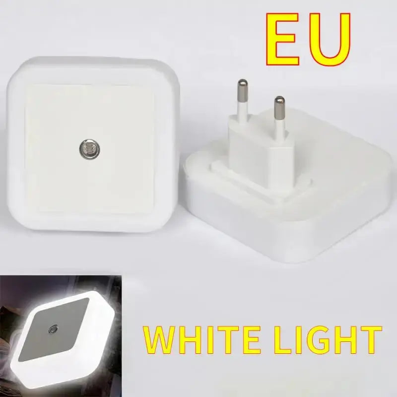 EU plug white LED night light with motion sensor, compact design for bedside or hallway use.
