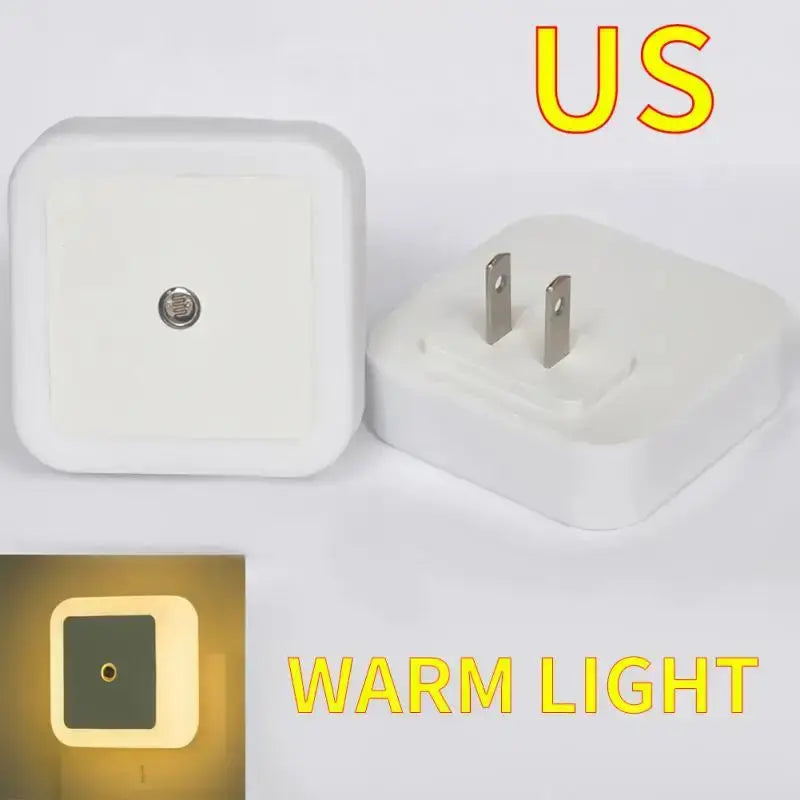 LED night light with motion sensor, US plug, warm light, compact design for bedside and hallway use.