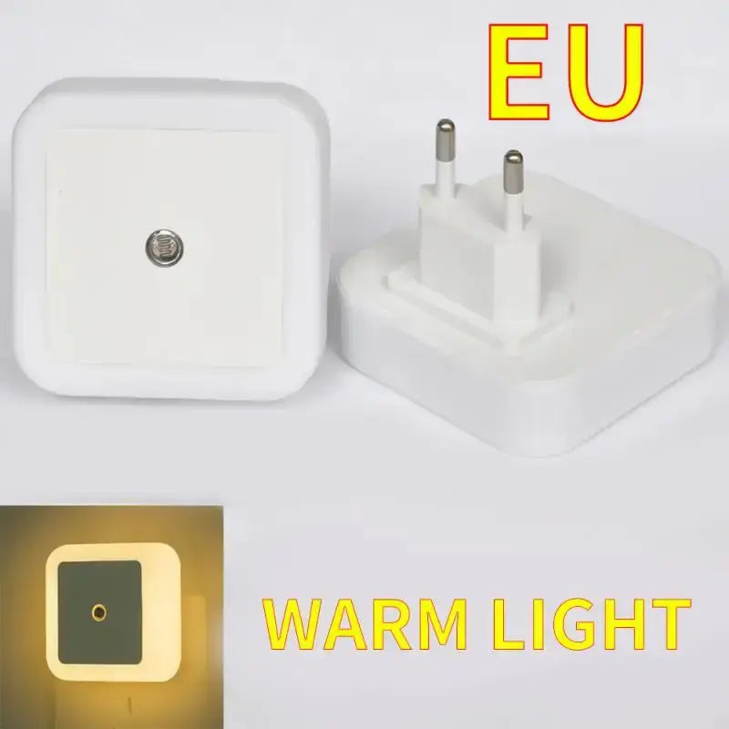 EU plug LED night light with warm light, perfect for bedrooms and hallways, compact design, motion sensor.