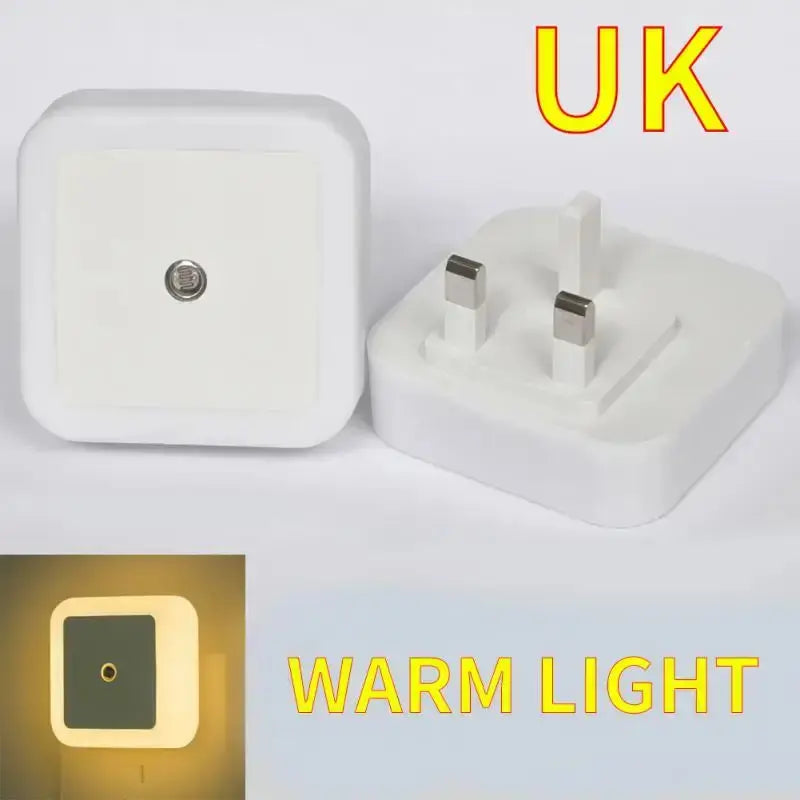 UK plug LED night light with warm glow, ideal for bedrooms and hallways.