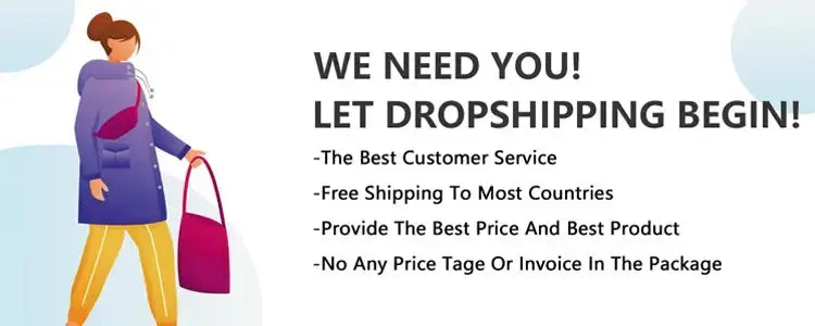A woman with a shopping bag promotes dropshipping benefits with a message on customer service, pricing, and shipping.