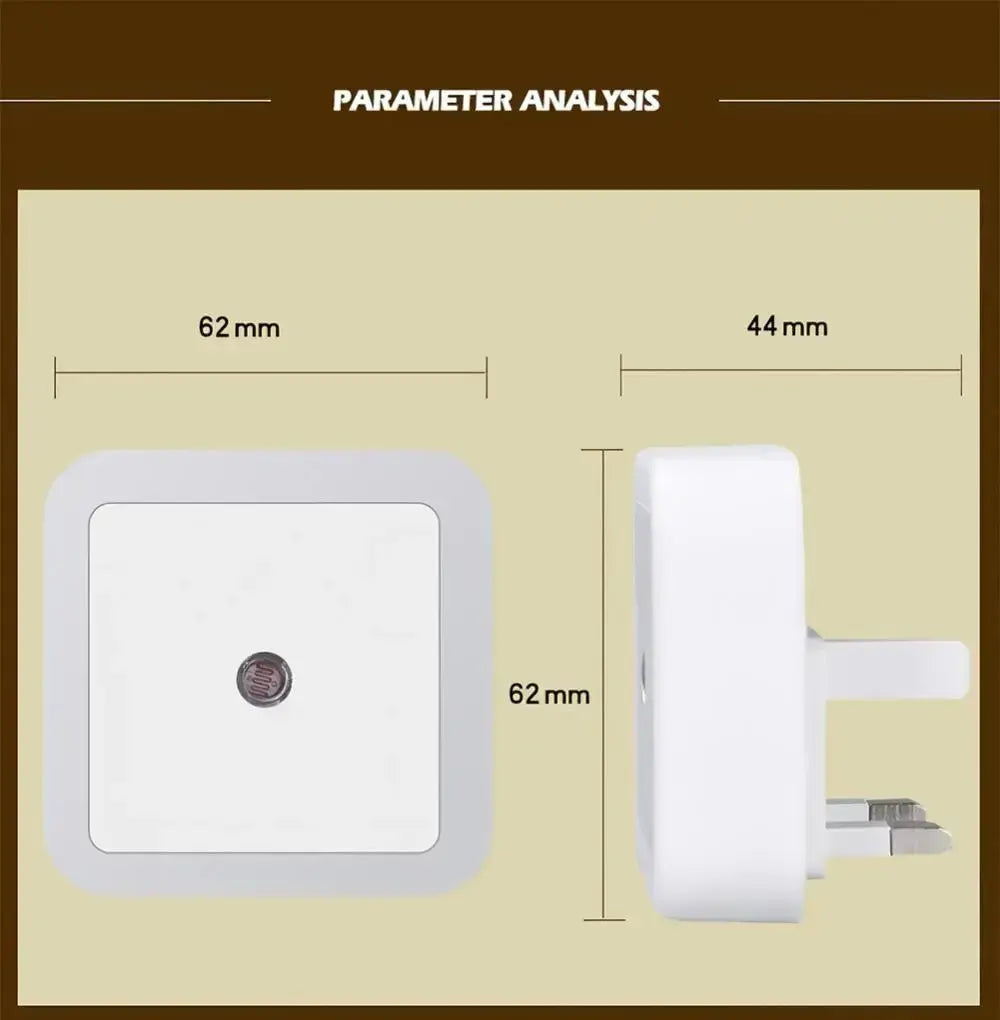 Dimensions of LED night light with motion sensor, measuring 62mm x 62mm x 44mm, showcasing wall plug design.
