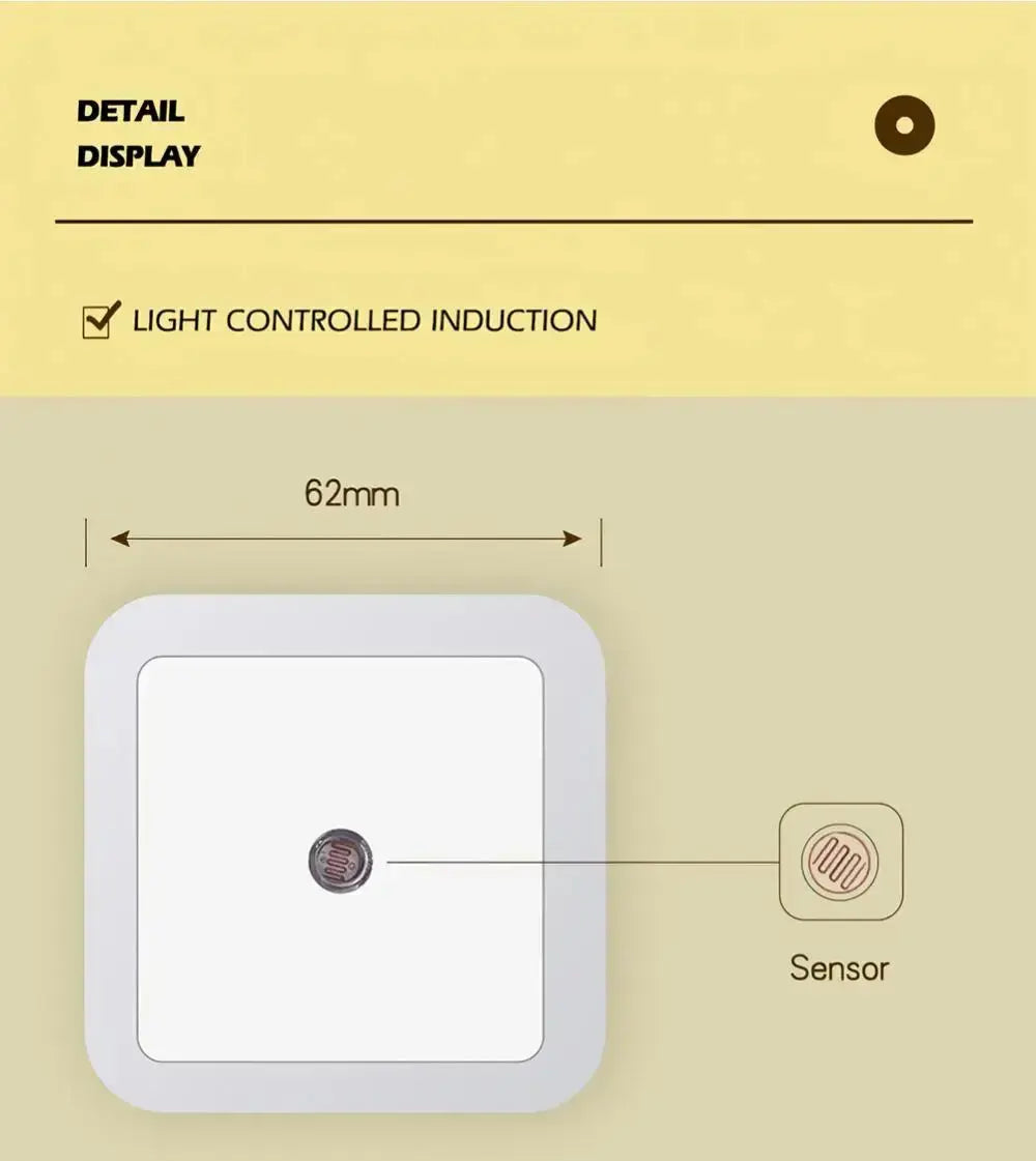 Square LED night light with light-controlled induction sensor, dimensions 62mm, suitable for various indoor settings.