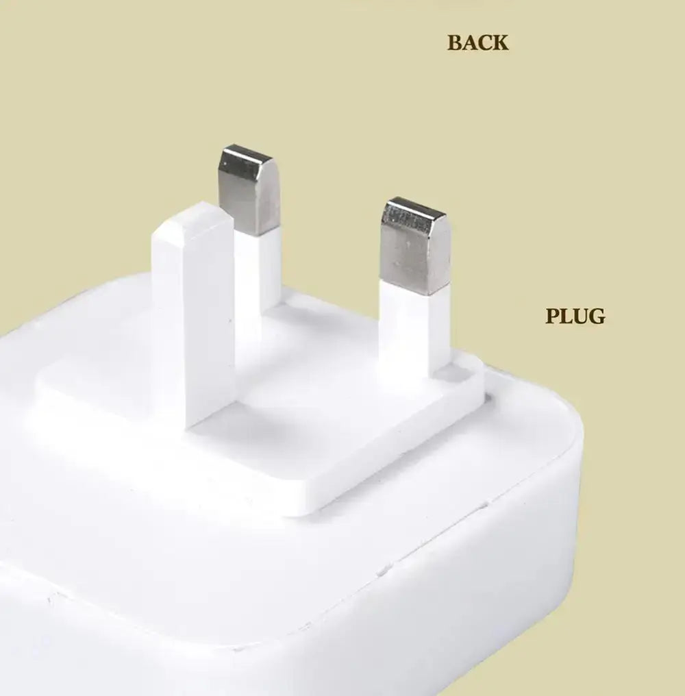 Close-up of a white wall plug with two pins, labeled &