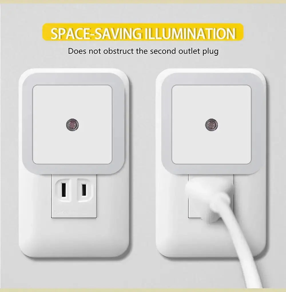 LED night light showcasing space-saving design, allowing access to second outlet plug, ideal for bedrooms and hallways.