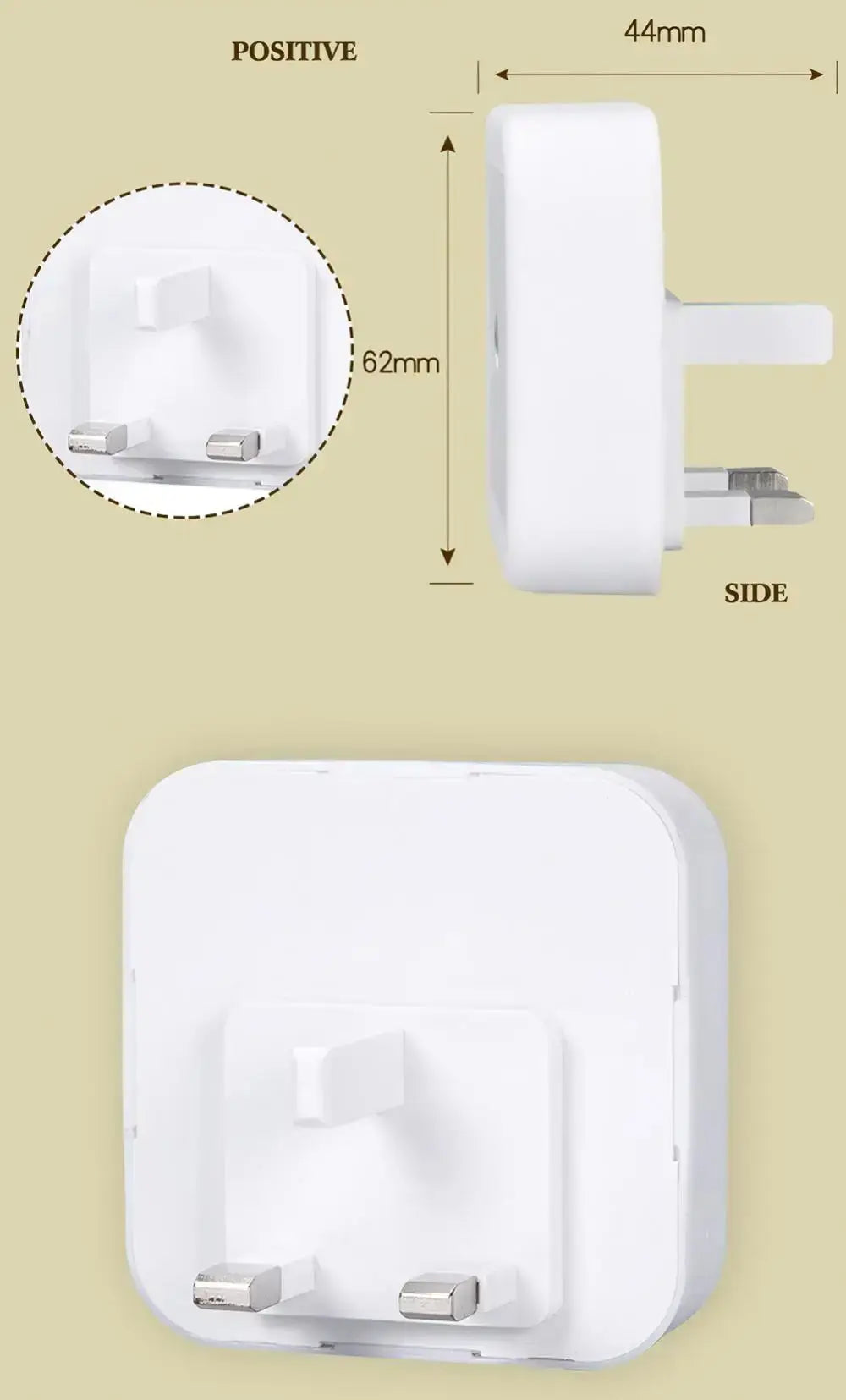 Side and front view of a white LED night light with UK plug, showcasing dimensions and design for easy wall mount.