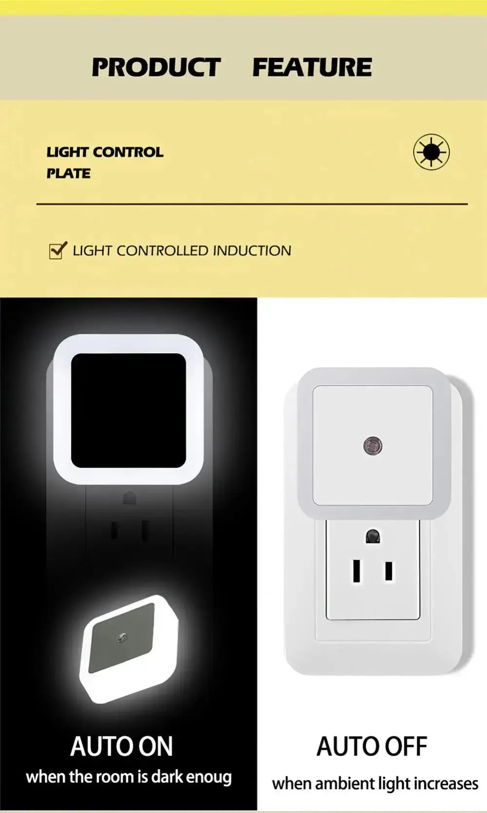 Light control plate illustration showing auto on and off features for smart night light.
