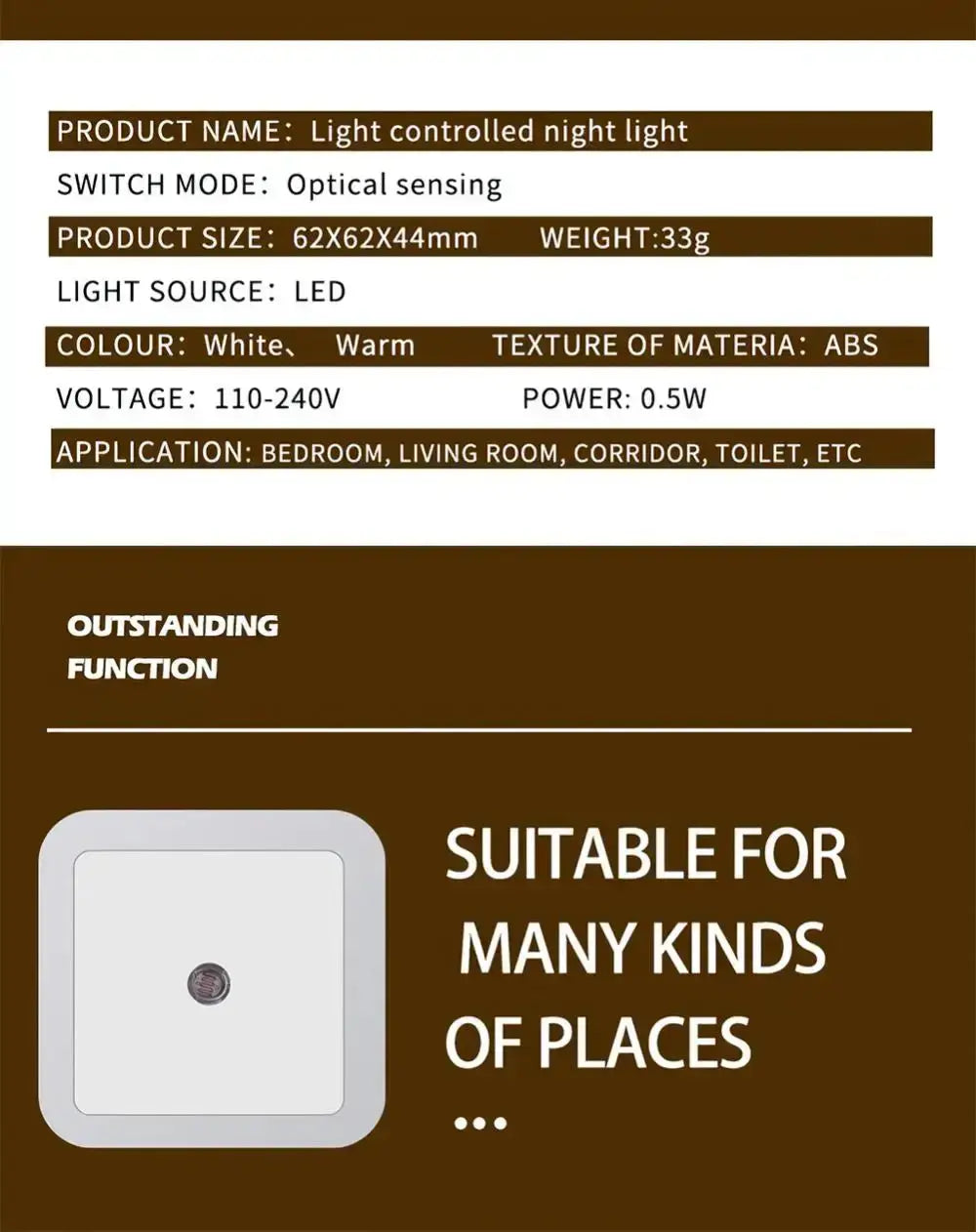 Light controlled LED night light with optical sensing for bedroom, corridor, and toilet, 110-240V, warm white.