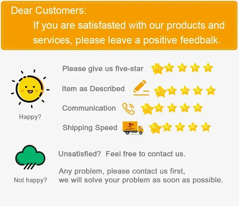 Customer feedback request graphic with star ratings for satisfaction ratings and contact information.