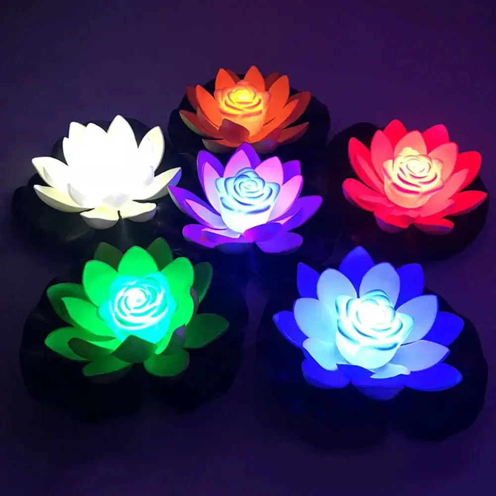 Lotus-shaped LED lights in various colors, perfect for ponds, pools, and gardens, providing ambient decor.