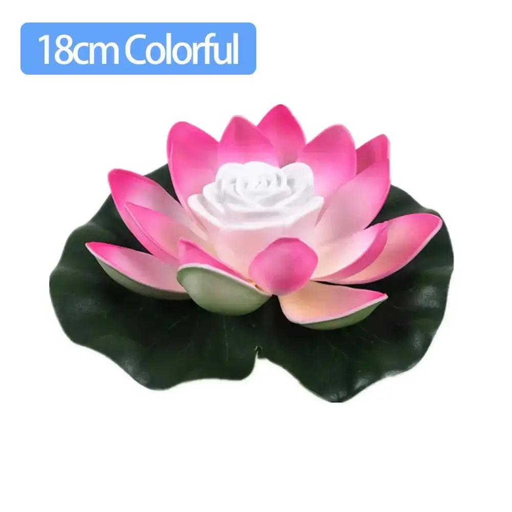 Colorful 18cm artificial lotus flower decor on green leaf for ponds, gardens, and aquariums.