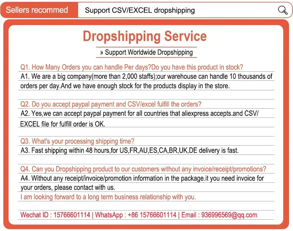 Dropshipping service FAQ with details on order handling, payment methods, processing time, and customer support.
