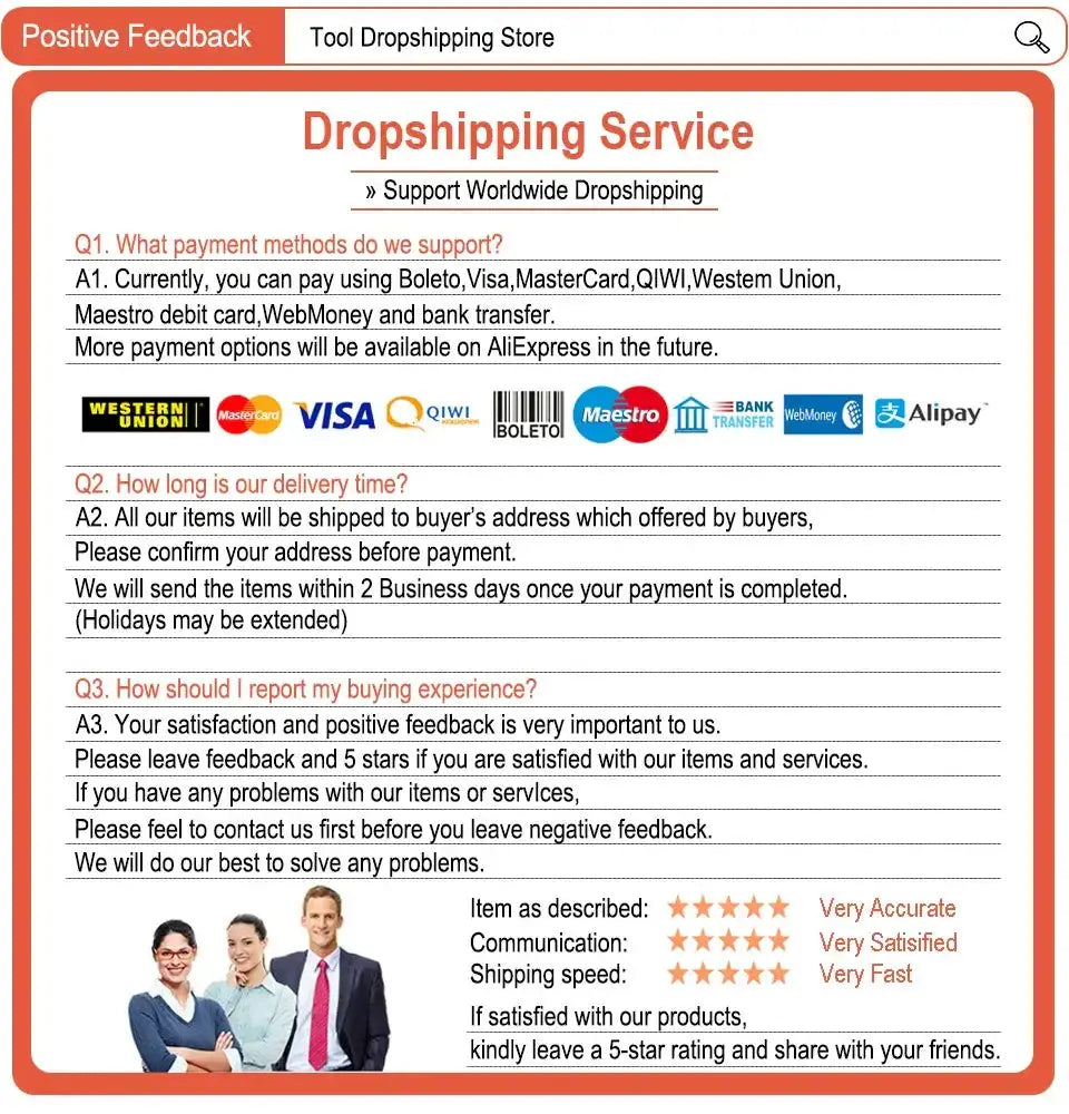FAQ section for dropshipping service, outlining payment methods, delivery times, and customer feedback.