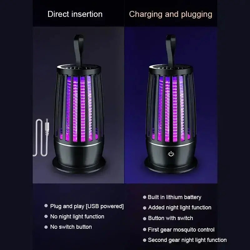 Image showcasing the Xiomi UV mosquito lamp with USB charging, highlighting features like night light and built-in battery.