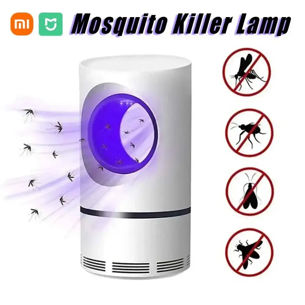 Xiaomi electric mosquito killer lamp with blue lights, featuring an insect trapping design and sleek white ABS material.