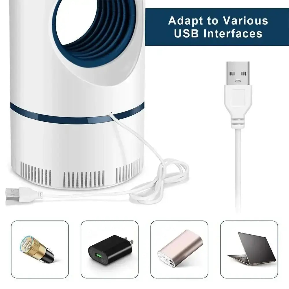 USB mosquito lamp adaptable to various USB interfaces, featuring a sleek white design and blue accents.