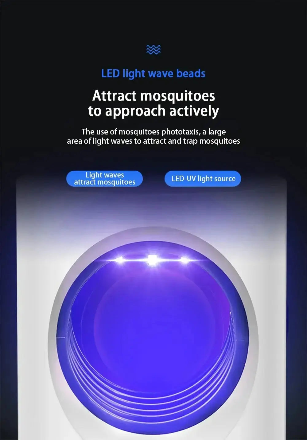 LED light wave source attracting mosquitoes with blue light for effective trapping.