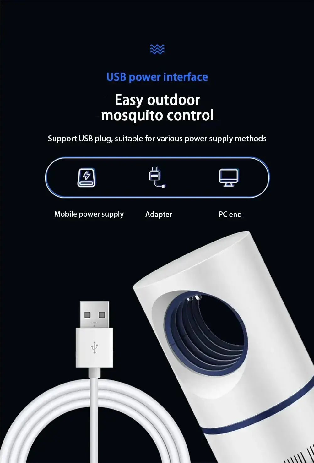 USB powered mosquito repellent device for outdoor use, showcasing mobile, adapter, and PC power options.