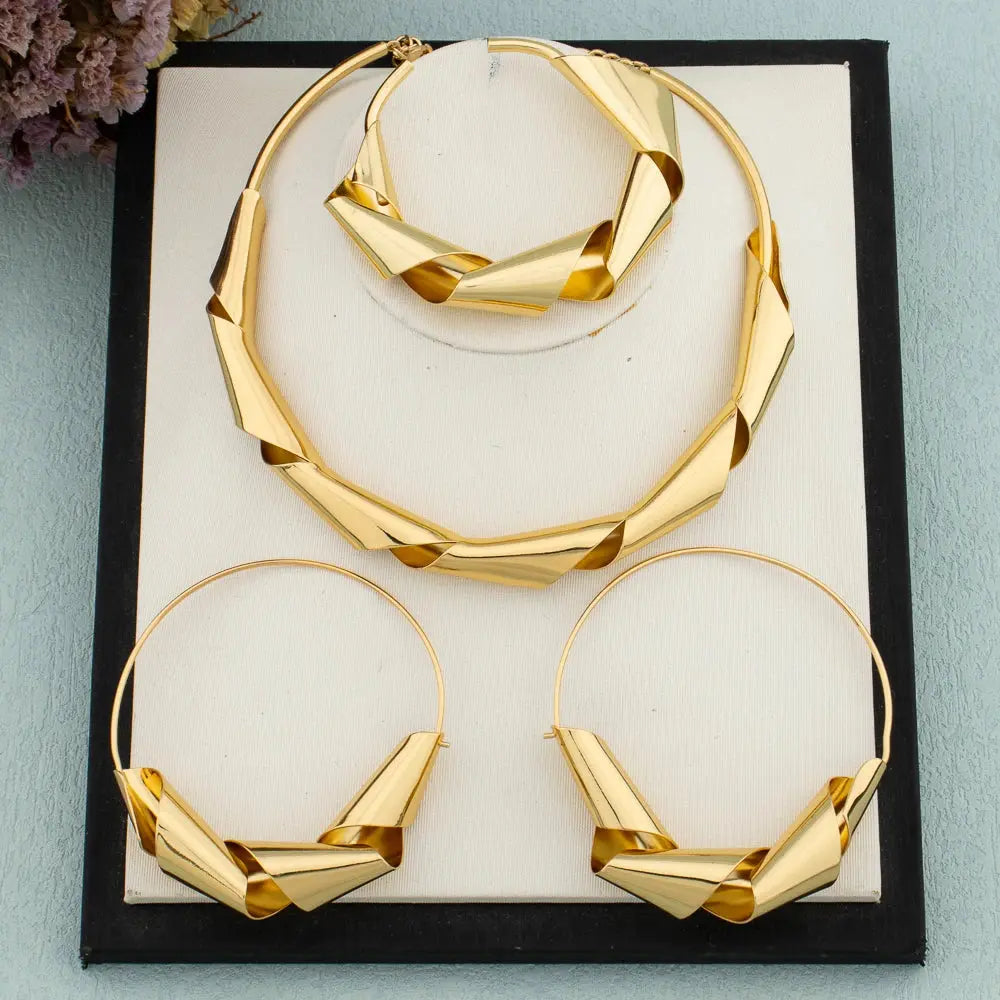 Luxury Gold Plated Dubai Jewelry Set For Women African Copper Twist Bold Design Earrings Necklace Bracelet Quality Jewelry Gift Bantout.prod