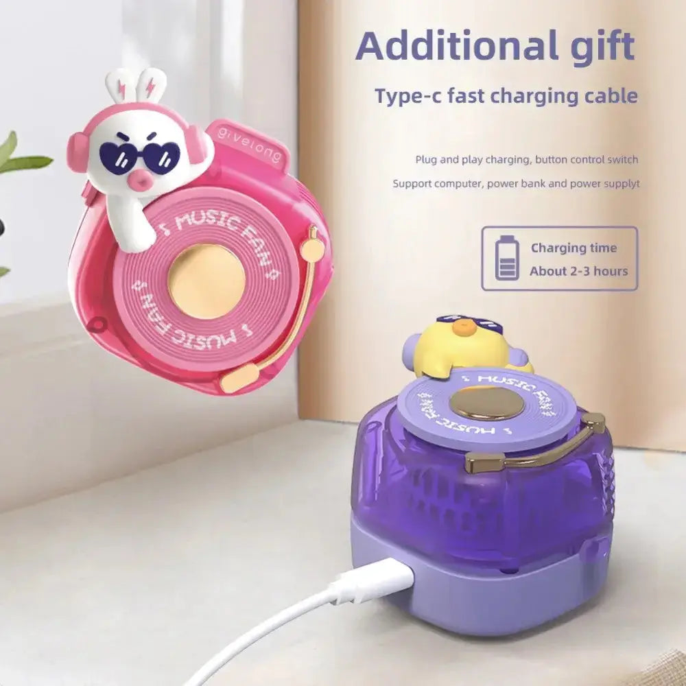 Rechargeable music fan with cute animal designs, fast charging via Type-C, ideal for portable use.