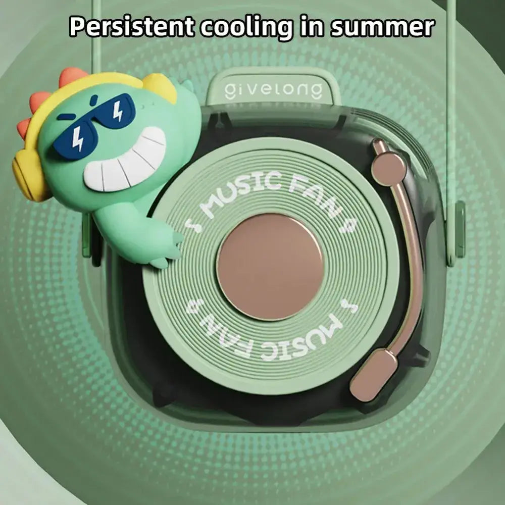 Mini portable cooling fan with playful design for summer comfort, featuring music and a cute character.