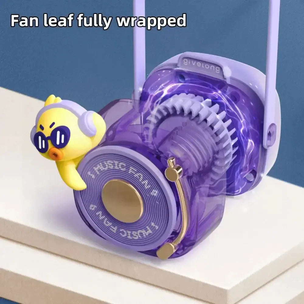 Mini portable fan with a unique design featuring a purple color and a cute bird decoration, ideal for personal cooling.
