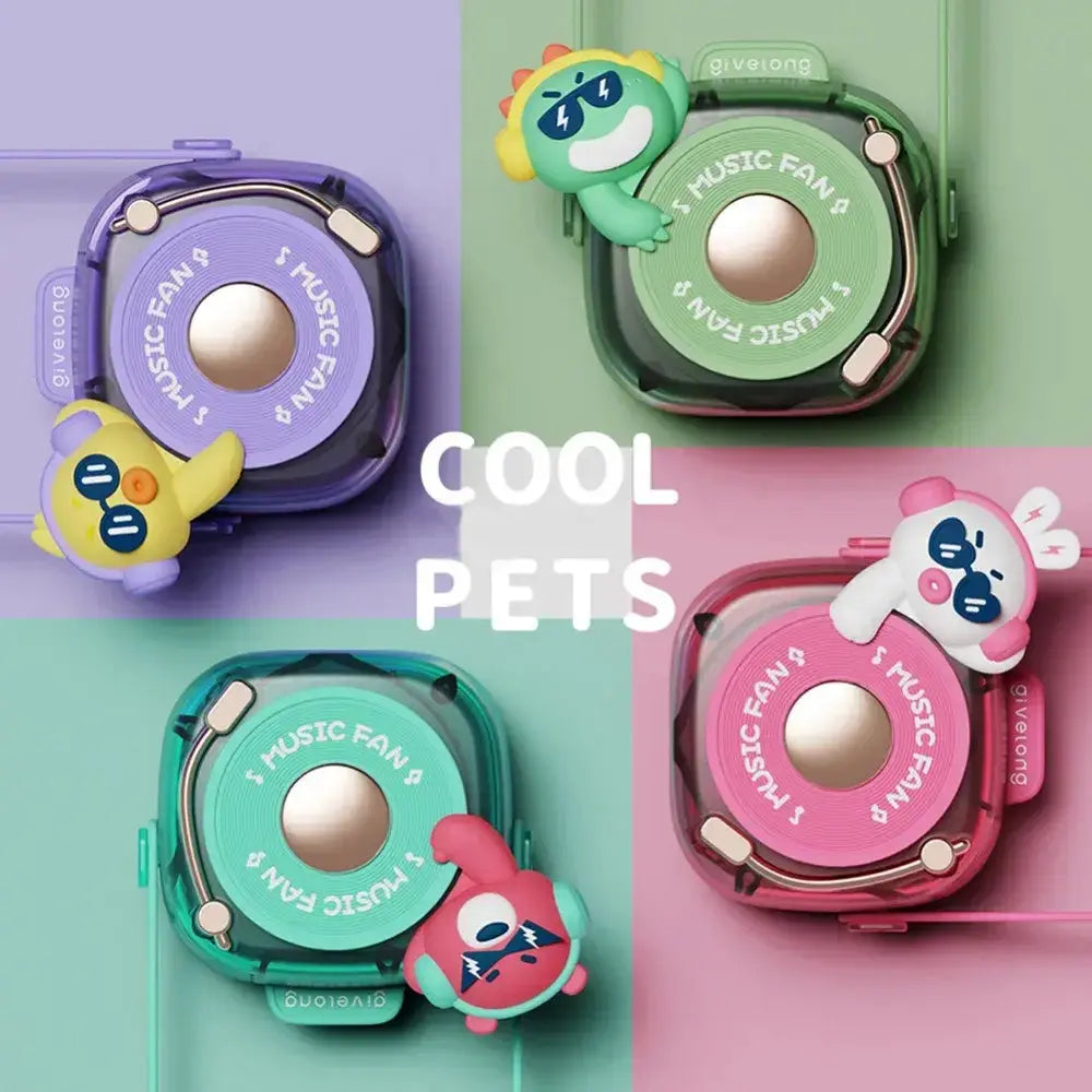Colorful collection of cute pet-themed music players in vibrant colors with playful designs.