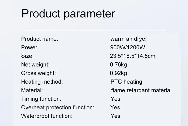 Product specifications for warm air dryer with heating methods and safety features.