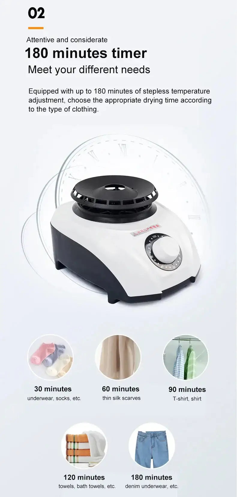 Mini portable electric dryer with 180 minutes timer for various clothing types, including socks, towels, and T-shirts.