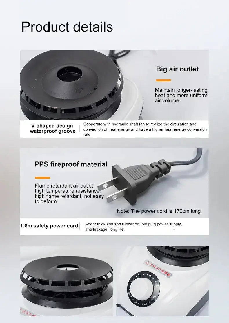 Product details showcasing big air outlet, PPS fireproof material, and 1.8m safety power cord.