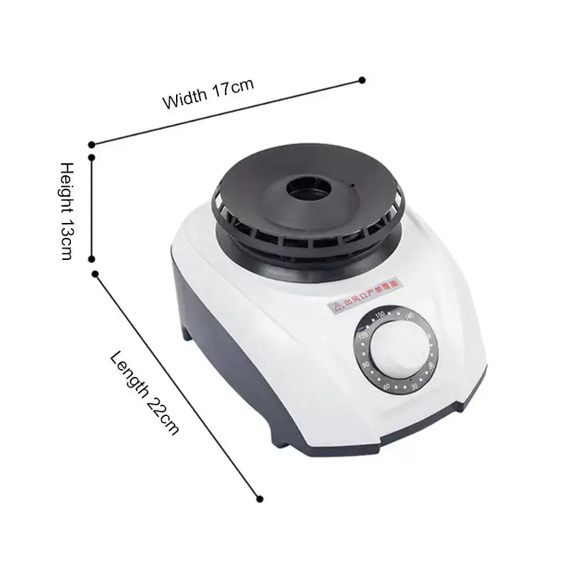 Compact electric laboratory stirrer dimensions: 17cm width, 13cm height, 22cm length, suitable for various mixing tasks.