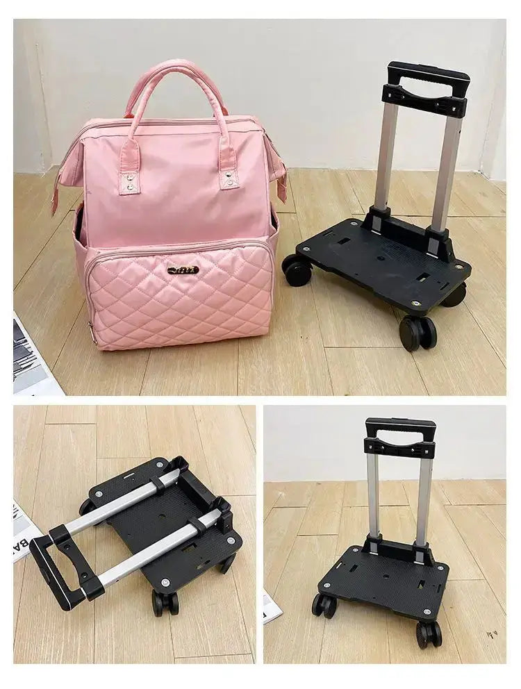 Stylish pink designer bag with a portable wheeled base, perfect for travel and convenience.