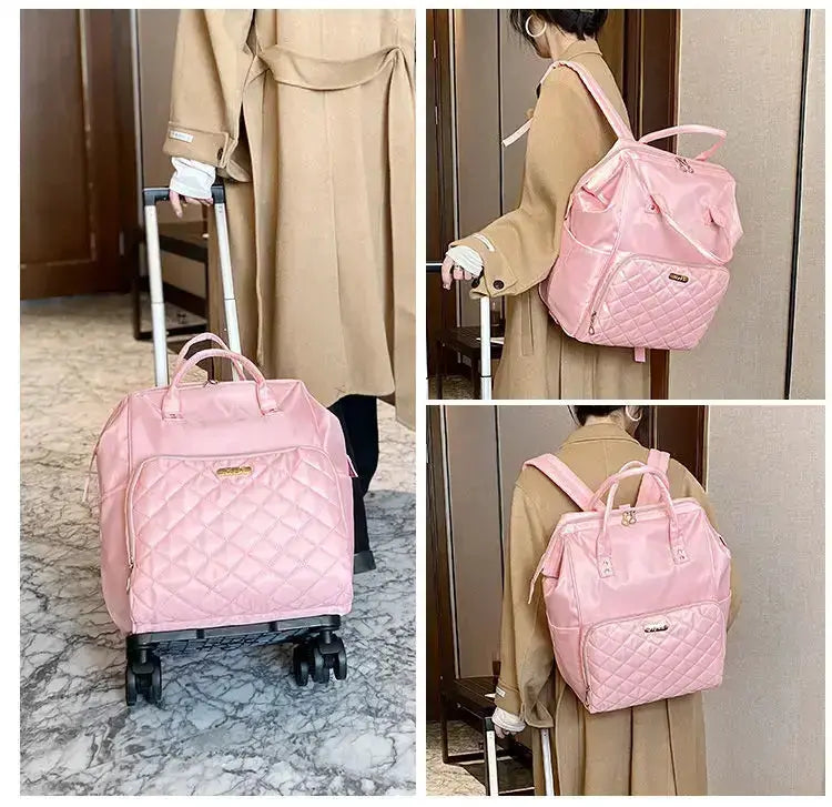 Stylish pink designer travel bag, showcasing portable design, large capacity, and versatile carry options.