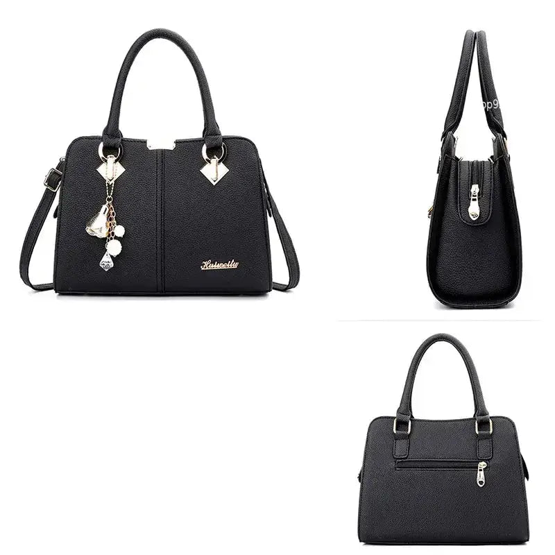 Nouveau sac à bandoulière pour femme, grand-capacité, élégant, en PU noir, style mode avec décoration.