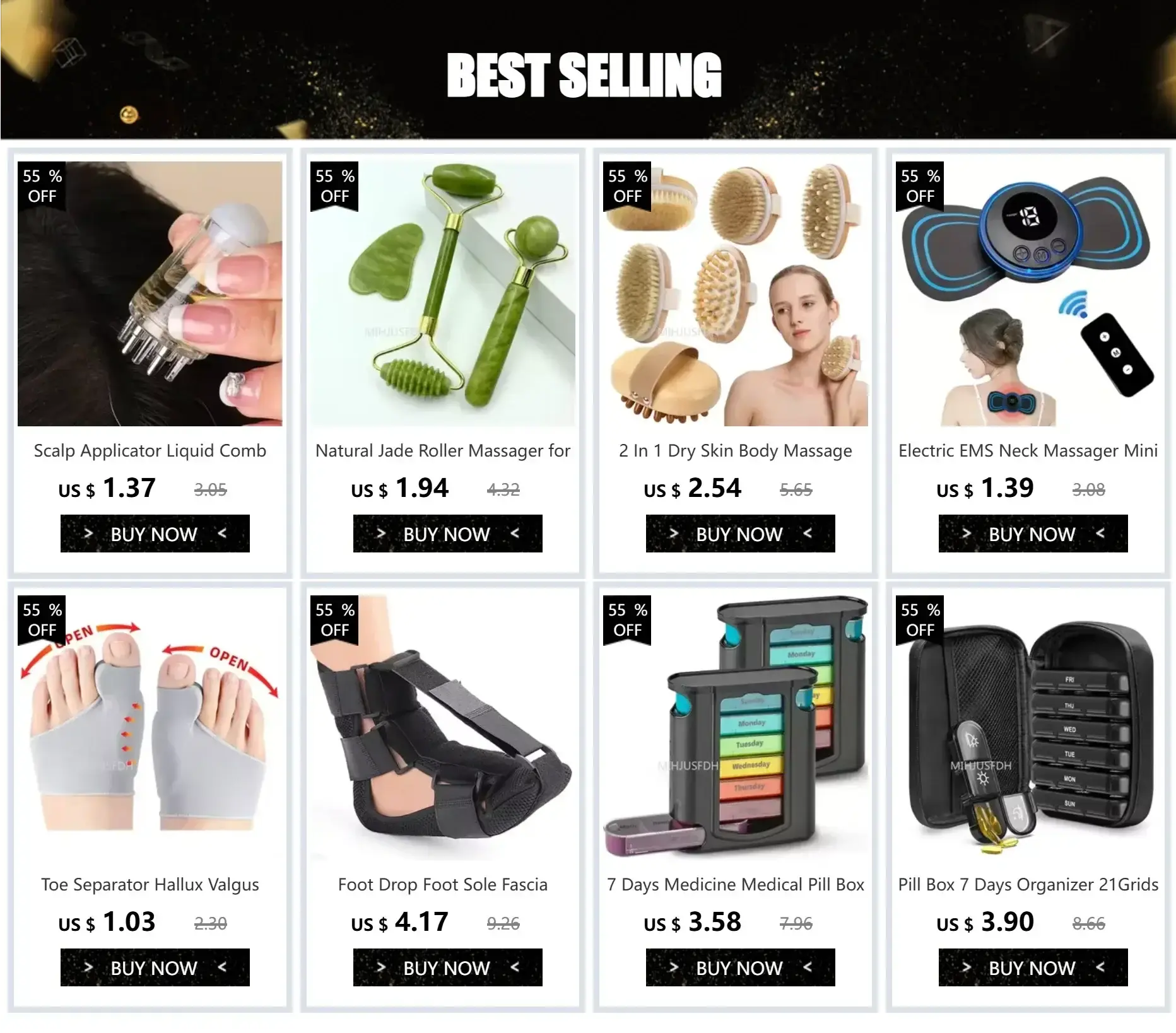 Collection of best-selling foot care tools and massagers, including a toe separator, roller massager, and EMS neck massager.