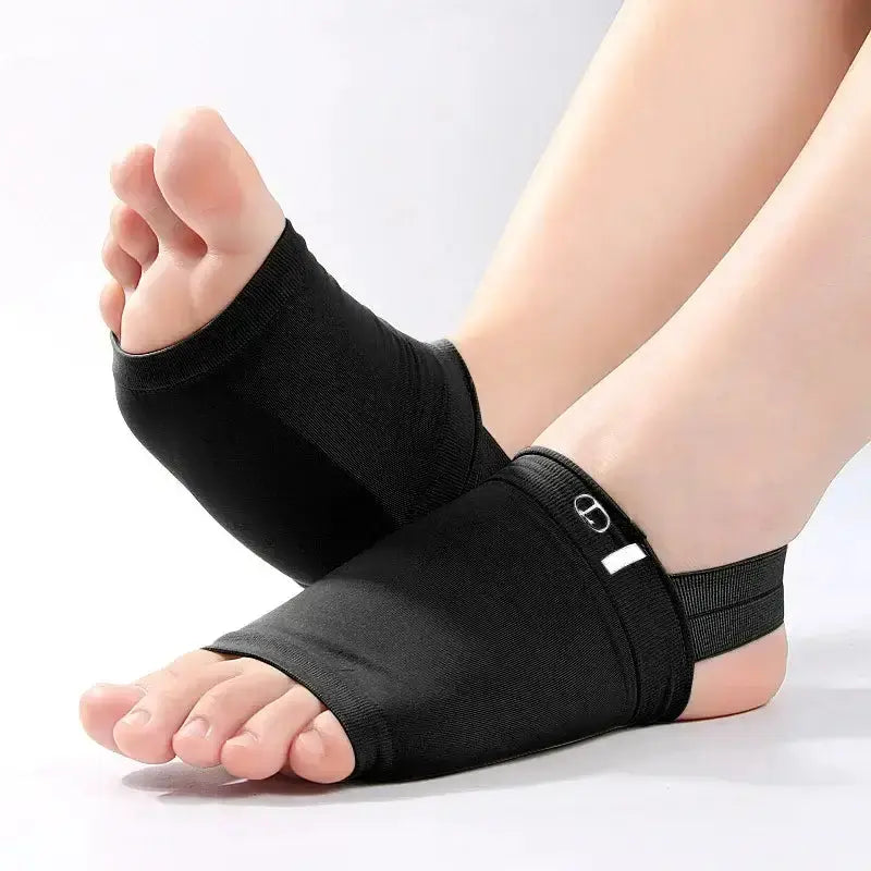 Black arch support sleeves for flat foot and plantar fasciitis relief, comfortable foot care tools.