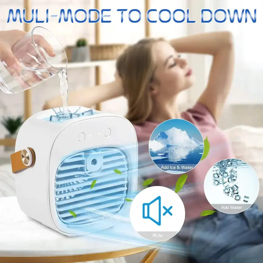 Portable mini air conditioner with water refill, designed for cooling and adaptable use for personal comfort.