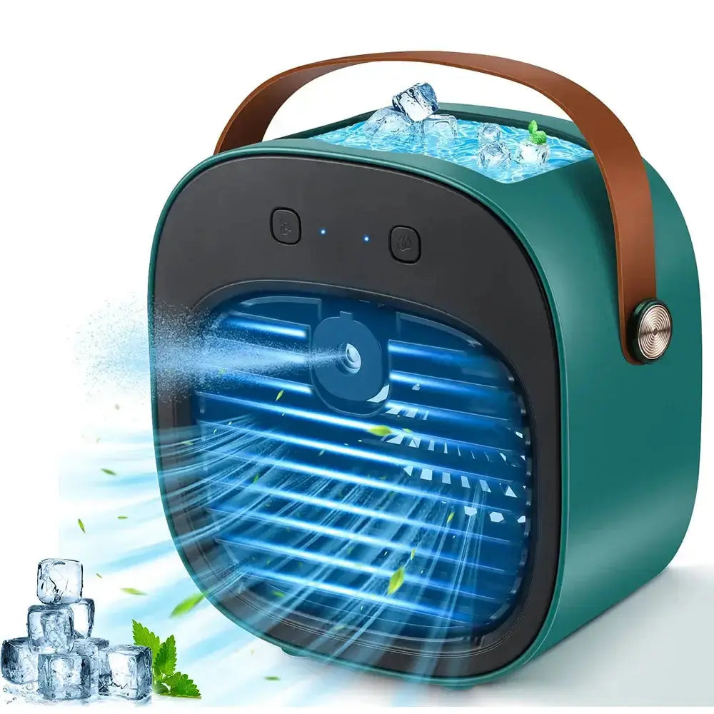 Portable rechargeable mini air conditioner with ice compartment and adjustable fan settings.