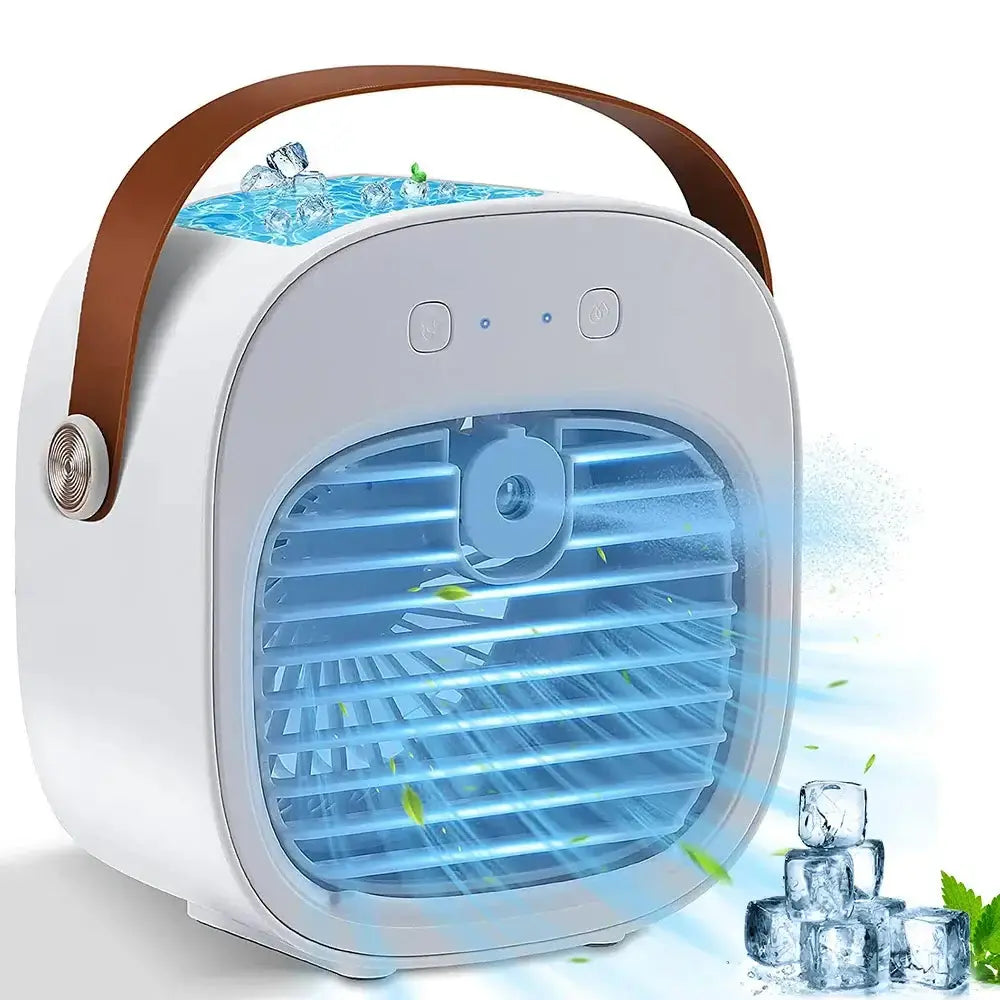 Portable cordless air conditioner with blue cooling fan and water tank for personal use, ideal for camping and rooms.
