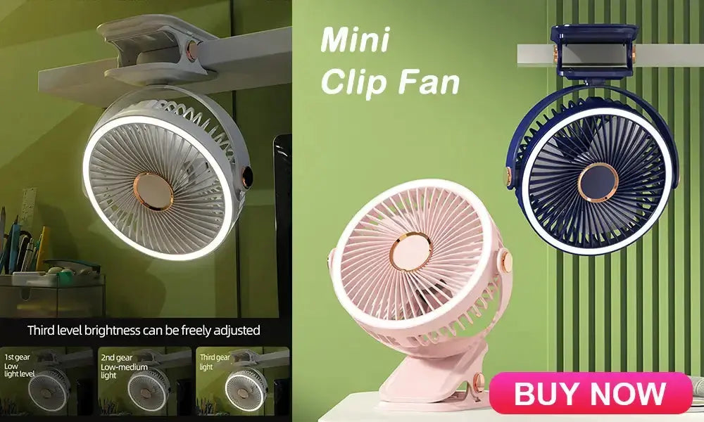 Mini clip fan with adjustable brightness, showcasing two color options on a green background.