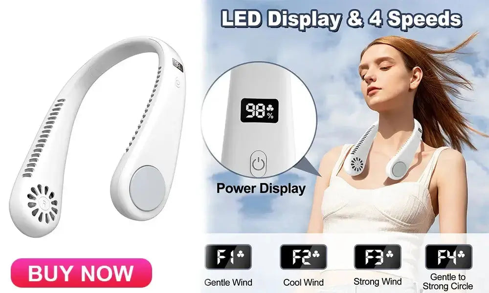 Wearable neck fan with LED display and 4 speeds for personal cooling outdoors.