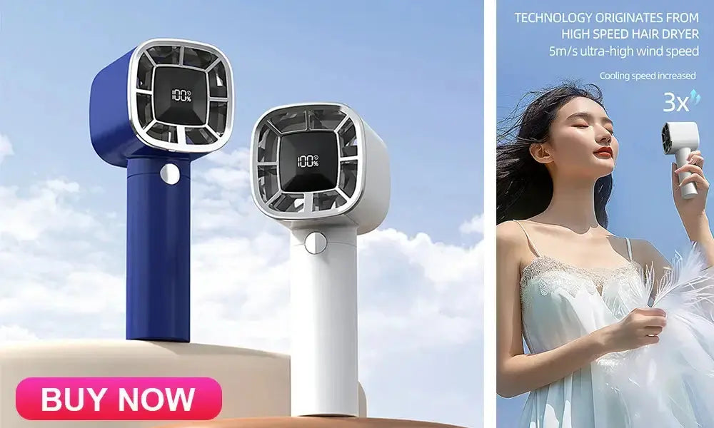 Rechargeable handheld fans in blue and white with high wind speed for instant cooling, designed for comfort and convenience.