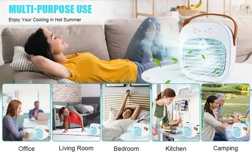 Wireless portable mini air conditioner in various settings: office, living room, bedroom, kitchen, camping.