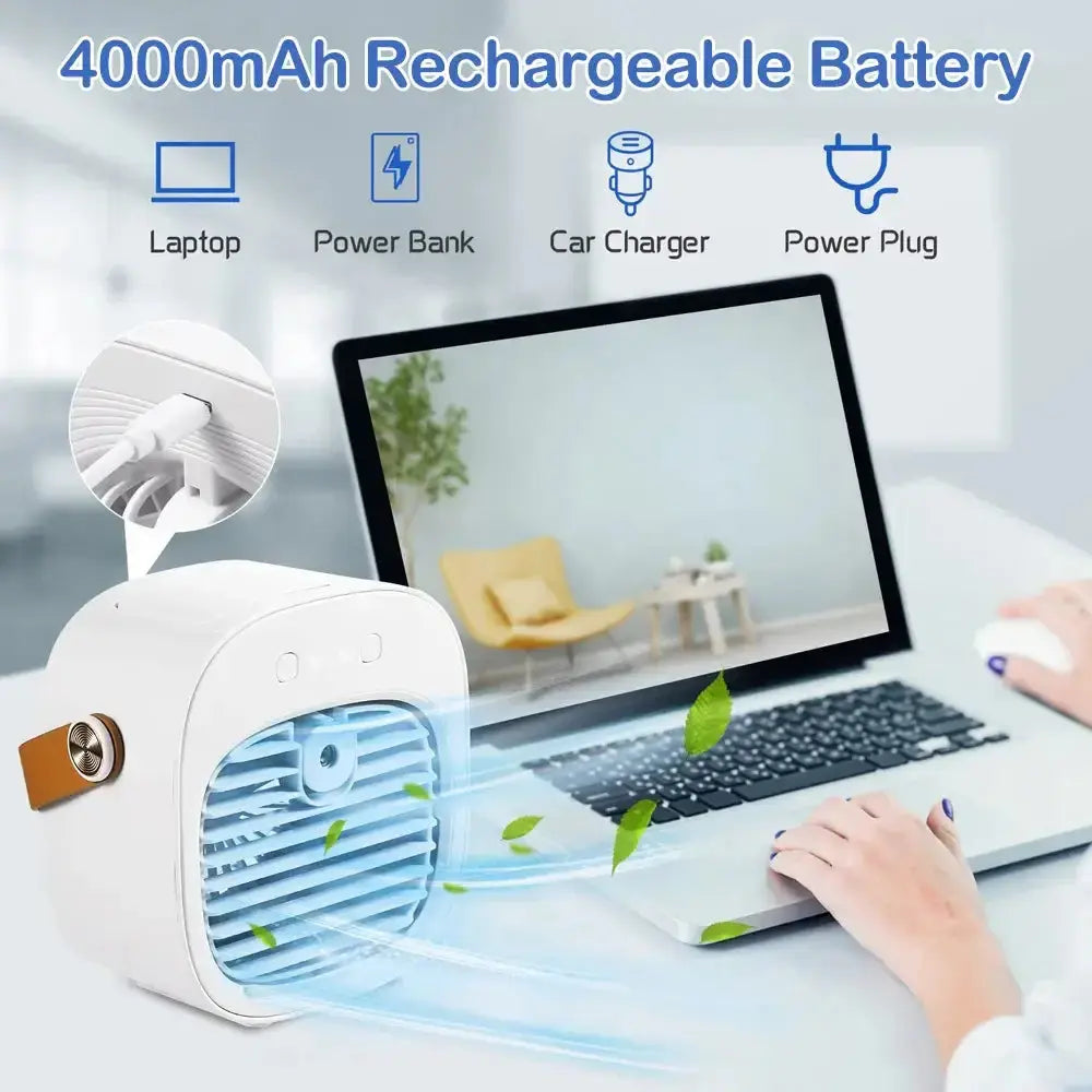 Portable air conditioner with 4000mAh battery, connected to laptop, showing versatility for indoor cooling.