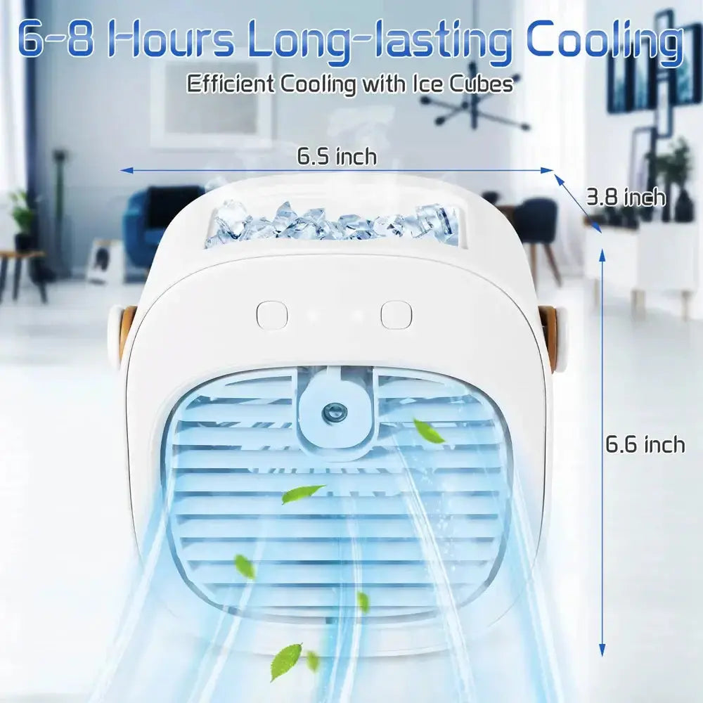 Portable air conditioner with adjustable mist, featuring cooling with ice cubes, ideal for rooms and camping.