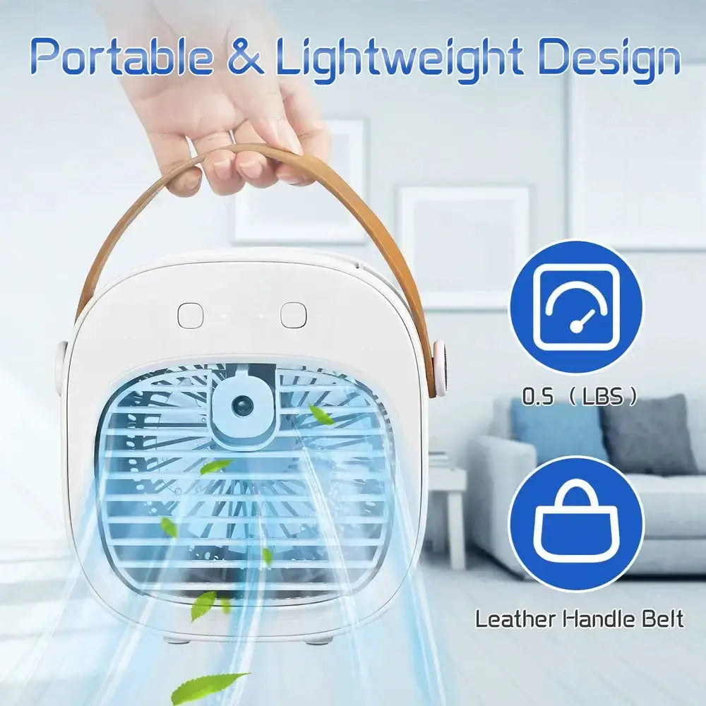 Lightweight portable air conditioner with leather handle, designed for easy carrying and convenience.